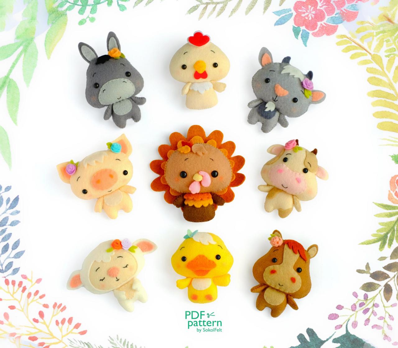 Farm animals felt toy sewing PDF and SVG patterns, Chick, Turkey, Goat, Duck, Horse, Pig, Cow, Donkey and Lamb, baby crib mobile toy