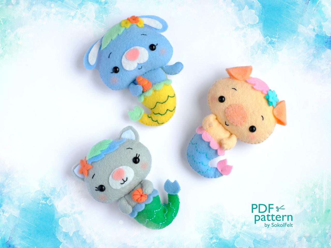 Cute Animal Mermaids Felt Toy Pdf And Svg Patterns, Bunny, Pig And Cat, Sea Life Digital Sewing Tutorial, Under The Sea Felt Baby Mobile