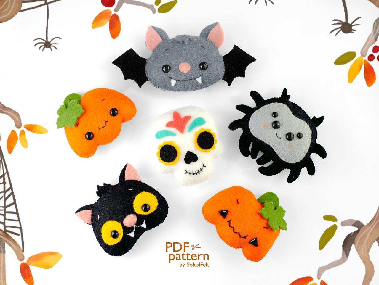 Set of Halloween felt ornament PDF and SVG patterns, Bat, Sugar skull, Spider, Black cat, Cute and Scary pumpkins, Halloween garland