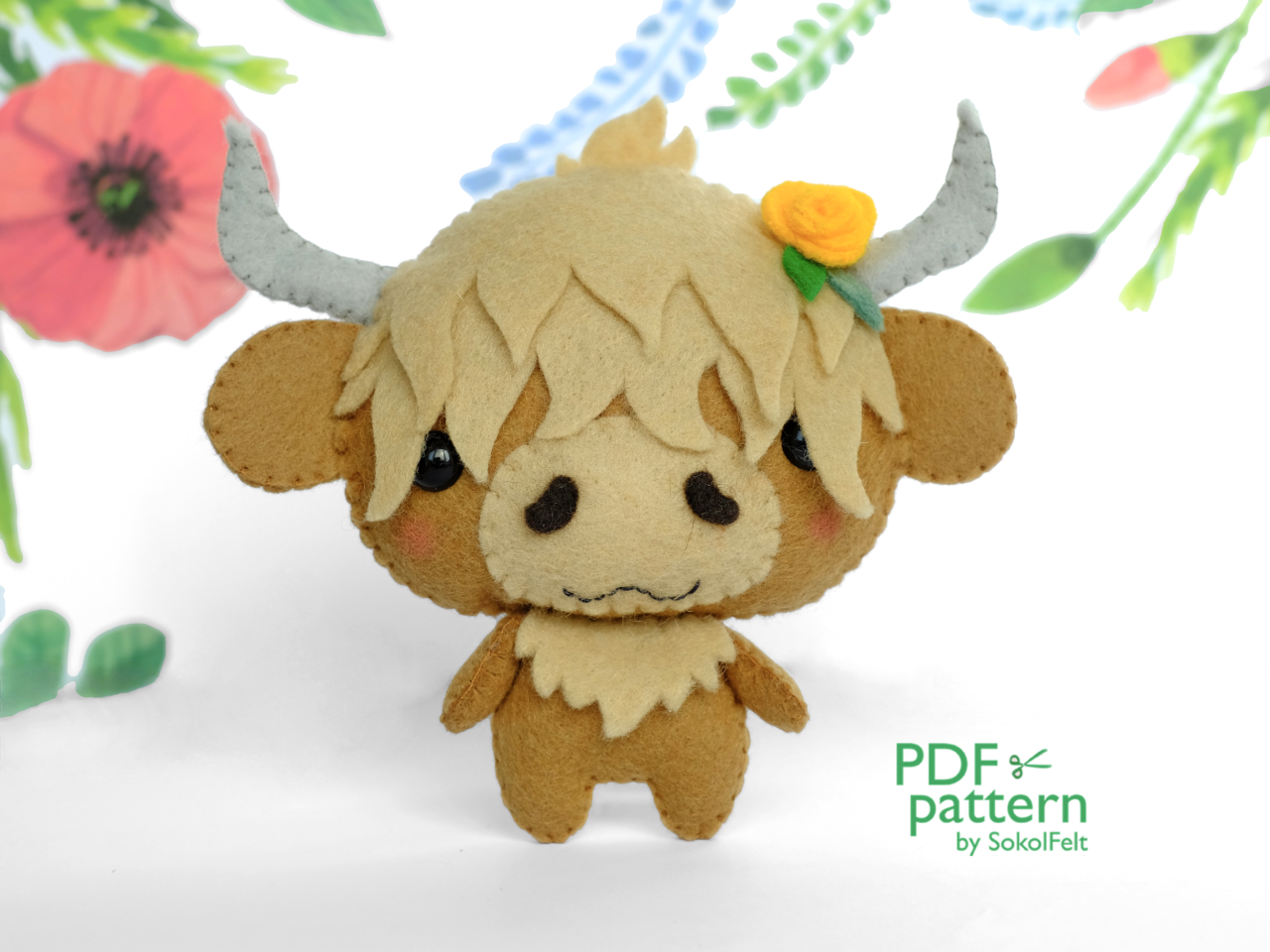 Felt Highland Cow Toy Sewing Pdf Pattern, Cute Farm Animal, Felt Bull Toy Digital Instant Download Tutorial, Baby Crib Mobile Toy