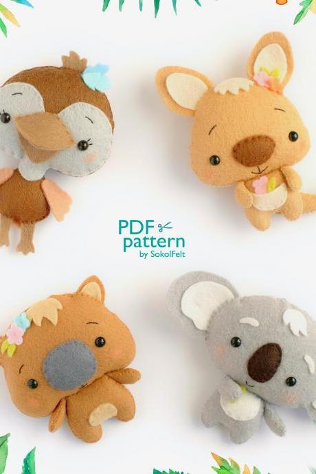 Set of 4 Australian animal toy PDF and SVG patterns, Cute felt Koala, Kangaroo, Emu and Wombat plush toys, Baby crib mobile toys