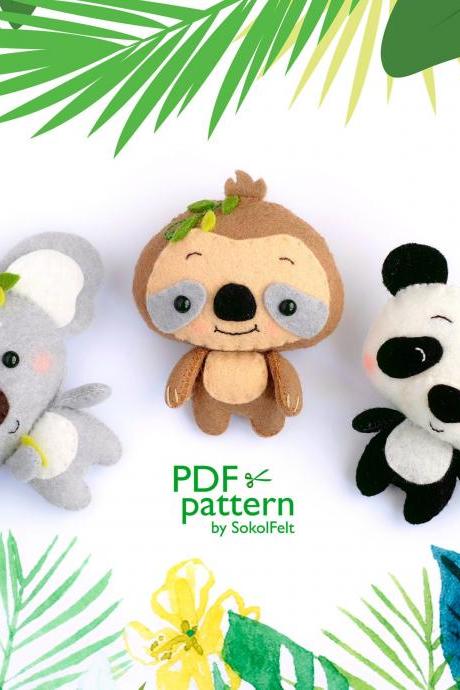 Set Of 3 Cute Baby Animal Toy Pdf And Svg Patterns, Felt Koala, Sloth And Panda, Woodland Animal Plush Toy, Baby Crib Mobile Toy
