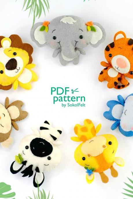 Set of 7 jungle animal toy PDF and SVG patterns, Tiger, Elephant, Hippo, Zebra, Giraffe, Monkey and Lion, Safari baby crib mobile