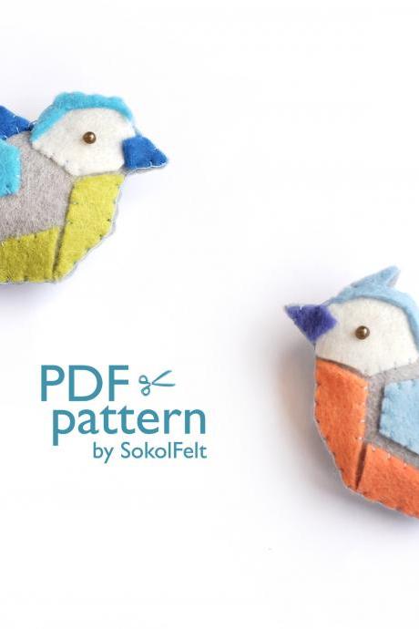 2 felt bird toys sewing PDF pattern, Felt bird brooch, Origami bird ornament, DIY easy hand sewing bird tutorial, Lovebirds, Tit, Bluebird