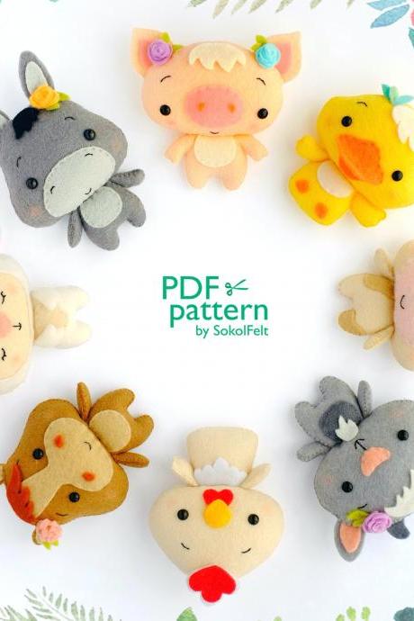 Set Of 8 Felt Farm Animal Toys Sewing Pdf And Svg Patterns, Chick, Goat, Duck, Horse, Pig, Cow, Donkey And Lamb, Baby Crib Mobile Toy