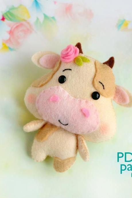 Felt baby cow toy sewing PDF pattern, Cute farm animal, Felt calf digital instant download tutorial, Baby crib mobile toy