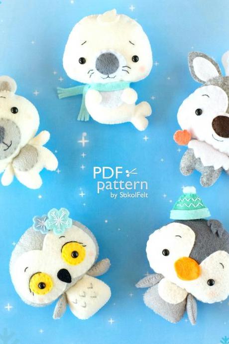 Set Of 5 Christmas Animal Toy Pdf And Svg Patterns, Winter Polar Animals, Felt Penguin, Owl, Reindeer, Seal And White Bear, Baby Mobile Toys