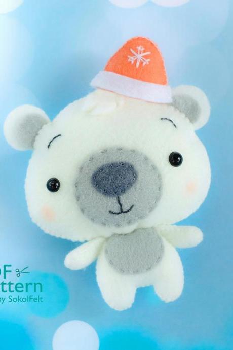 Polar bear toy PDF pattern, Felt Arctic white bear sewing digital tutorial, baby crib mobile plush toy