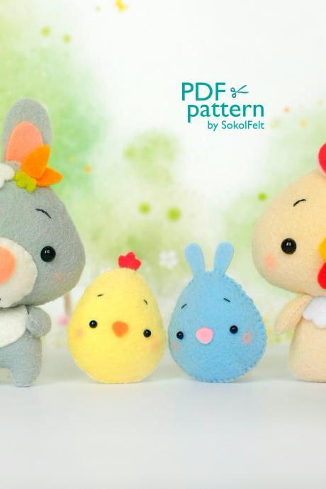 Cute Easter Toy Pdf Patterns, Easter Bunny, Chick And Eggs Sewing Tutorials, Felt Animal Pattern, Easter Decoration