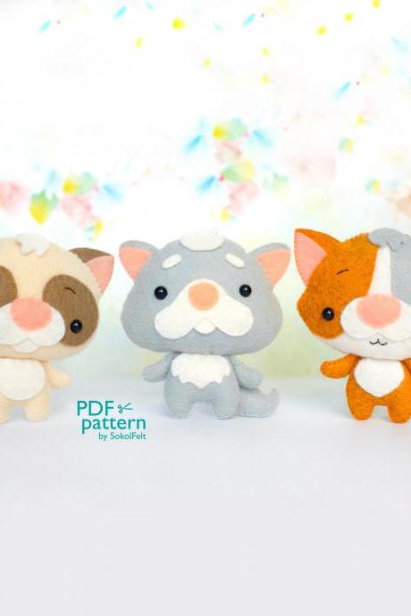 Set of 3 felt cat toy sewing PDF and SVG patterns, Persian, Ragdoll and Calico kittens plush toy, Felt pet pattern, Baby crib mobile toy