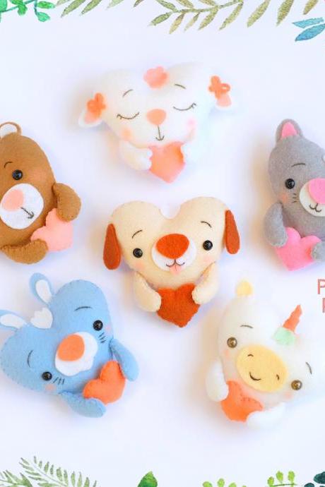 Set of Valentine's heart shaped animal toy sewing PDF patterns, Felt Unicorn, Teddy bear, Sheep, Bunny, Kitty and Puppy ornaments