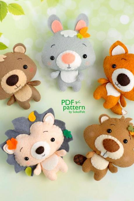 Set of 5 woodland animal PDF patterns, Felt Hedgehog, Bear, Fox, Bunny and Beaver plush toys