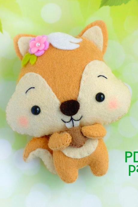 Squirrel PDF pattern, Felt woodland animal plush toy sewing tutorial, Baby crib mobile toy, Chipmunk ornament