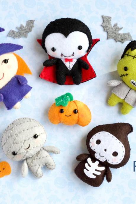 Easy To Make Halloween Toys Sewing Pdf Pattern, Felt Vampire, Death, Mummy, Witch, Frankenstein, Pumpkin Softies, Felt Monster Ornaments
