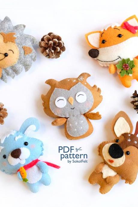 Set of 5 felt woodland animal toy sewing PDF patterns, Hedgehog, Fox, Owl, Bunny and Reindeer ornaments, baby crib mobile felt toy pattern