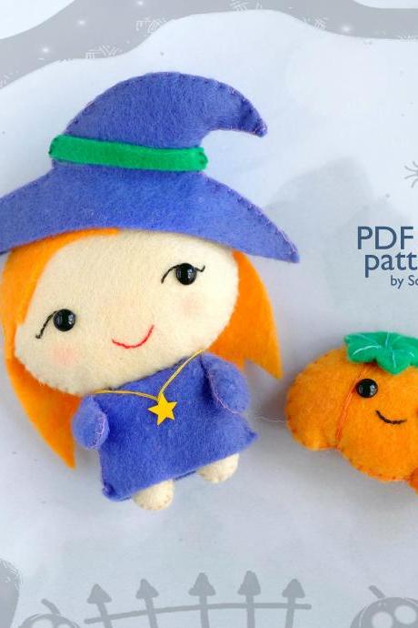 Felt witch toy sewing PDF pattern, Easy to make Halloween toy, Felt witch ornament, DIY halloween doll, Felt pumpkin softie