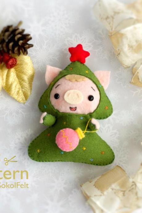 Christmas pig toy sewing PDF Pattern, Felt Christmas piglet in a tree costume ornament, Christmas tree toy, Baby crib mobile toy