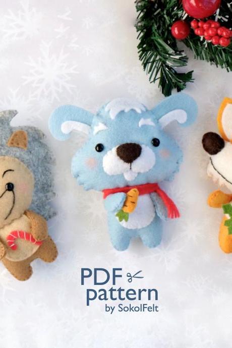 Felt Christmas woodland animal toys sewing PDF pattern, hedgehog, bunny and fox ornaments, Christmas tree felt ornament set, nursery decor