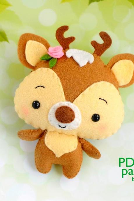 Deer PDF pattern, Felt woodland baby animal toy sewing tutorial, Baby crib mobile toy, Fawn ornament.
