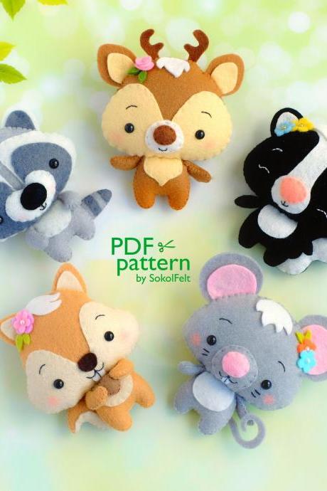 Set of 5 felt woodland animal PDF patterns, Deer, Skunk, Mouse, Squirrel, Raccoon plush toy sewing tutorials.