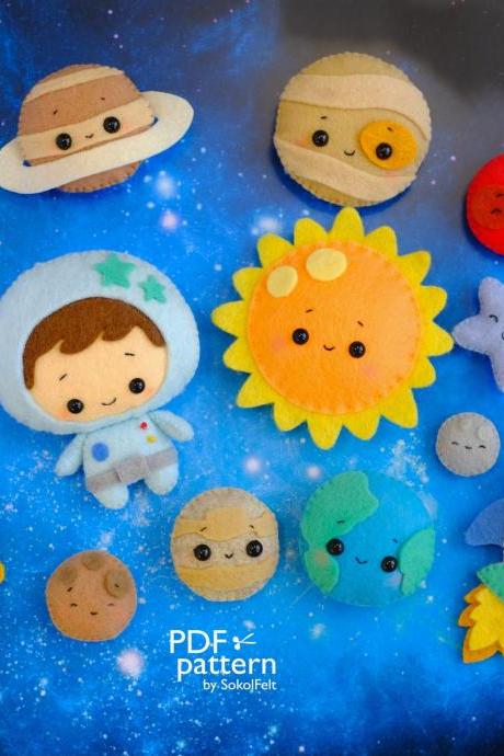 Set Of Felt Space Toy Pdf And Svg Patterns, Planets, Astronaut And Spaceship Toy, Diy Solar System, Space Ornaments, Baby Crib Mobile Toy