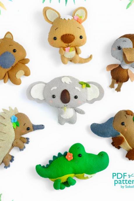 Australian animals felt toy PDF and SVG patterns, Koala, Kangaroo, Echidna, Crocodile, Platypus, Emu and Wombat, Baby crib mobile plush toys