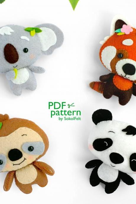 Cute Felt Baby Animals, Toy Sewing Pdf And Svg Patterns, Panda, Koala, Sloth And Red Panda, Woodland Animal Plush Toys, Baby Crib Mobile Toy