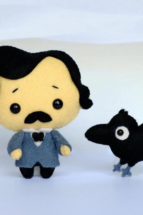 Edgar Poe and the Raven felt toy PDF and SVG patterns, Nevermore, Plush toy sewing PDF tutorial