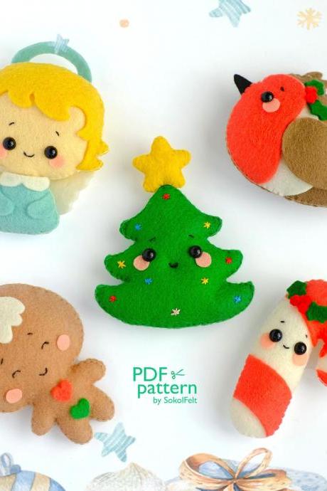 Christmas ornaments, Felt toy PDF and SVG patterns, Robin, Angel, Candy cane, Christmas tree, Gingerbread man, Felt baby mobile