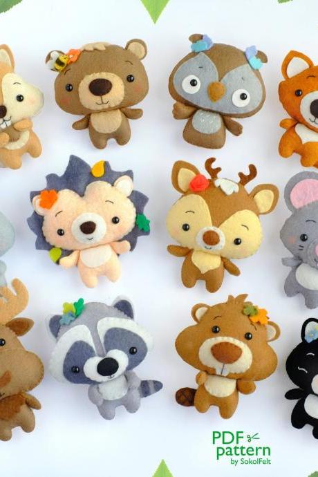 Set Of 12 Cute Woodland Animal Felt Toy Sewing Pdf And Svg Patterns, Squirrel, Raccoon, Fox, Skunk, Bear, Hedgehog, Deer, Rabbit, Beaver