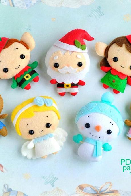 Set of 7 Felt Christmas toy sewing PDF and SVG patterns, Santa, Angel, Elf boy and girl, Snowman, Mr. and Mrs. Gingerbread, Felt baby mobile