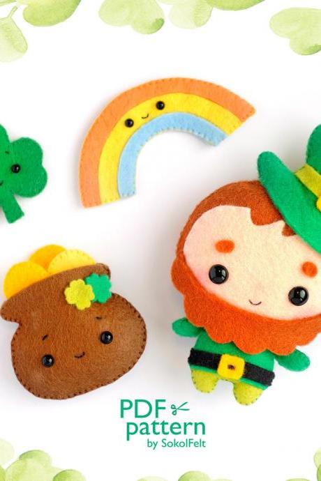 St. Patrick's day felt ornaments sewing PDF and SVG Patterns, Leprechaun, Clover, Pot with gold, Rainbow, St. Patrick's Day decor