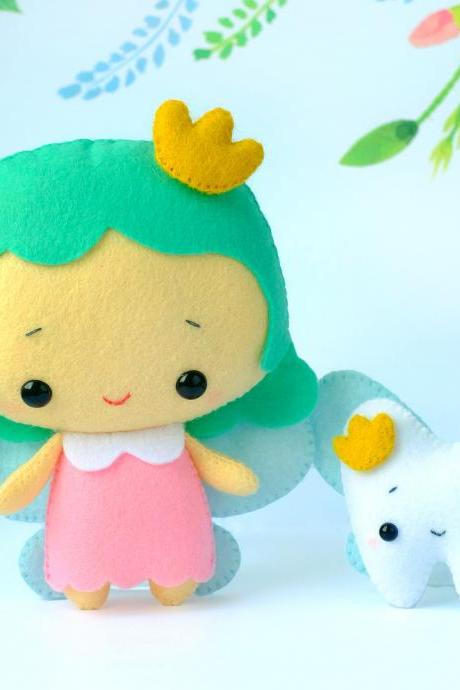 Tooth fairy with a tooth pillow felt toy sewing PDF and SVG patterns, DIY fairy plush toy, princess doll