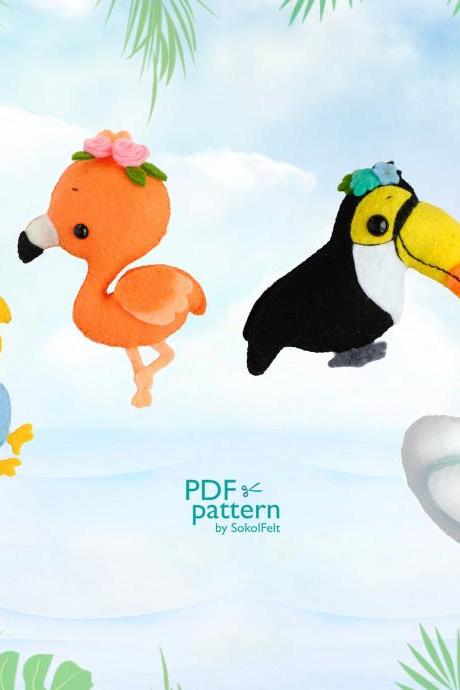 Cute Birds Felt Toy Pdf And Svg Patterns, Parrot, Flamingo, Toucan And Swan, Plush Bird Toy Sewing Tutorial, Baby Crib Mobile Toy