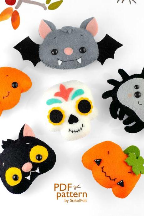 Set Of Halloween Felt Ornament Pdf And Svg Patterns, Bat, Sugar Skull, Spider, Black Cat, Cute And Scary Pumpkins, Halloween Garland