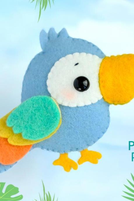 Cute parrot felt toy PDF and SVG pattern, Plush bird toy sewing tutorial, Baby crib mobile toy