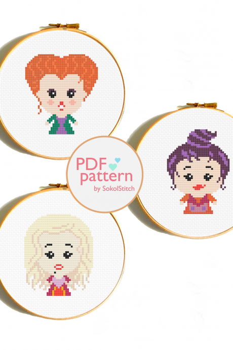 Hocus pocus cross stitch patterns, Winifred, Sarah, and Mary, Sanderson sisters, Set of Halloween cross stitch patterns, Christmas embroidery patterns, Cross stitch for beginners