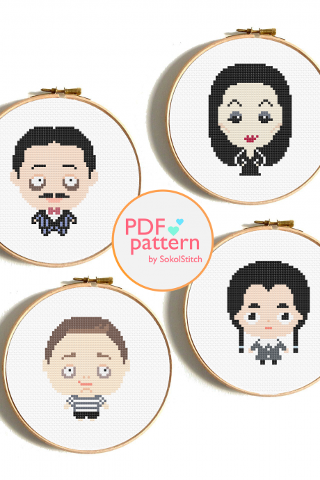 Addams Family cross stitch patterns, Wednesday Addams, Set of Halloween cross stitch patterns, Christmas embroidery patterns, Cross stitch for beginners