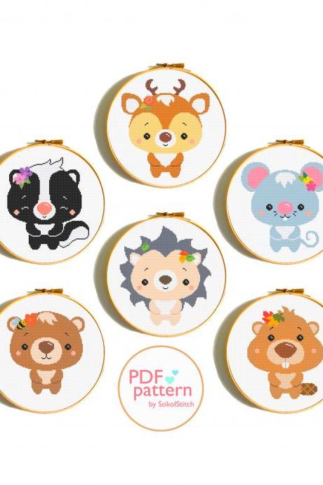 Set of 10 woodland baby animals easy cross stitch PDF Patterns, Bear, Bunny, Fox, Deer, Mouse, Hedgehog, Beaver, Squirrel, Skunk embroidery