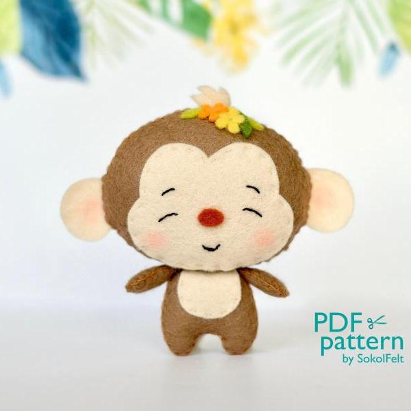 Monkey PDF pattern, Felt African wild animals plush toy sewing tutorial, Jungle safari animal, felt baby crib mobile toy
