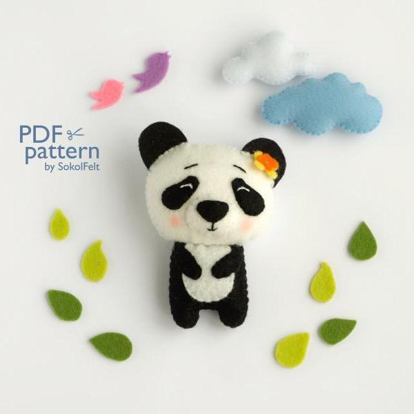 felt Panda toy sewing PDF pattern, Felt woodland animal pattern, baby crib mobile toy, felt diy panda ornament