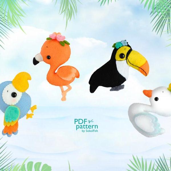 Cute birds felt toy PDF and SVG patterns, Parrot, Flamingo, Toucan and Swan, Plush bird toy sewing tutorial, Baby crib mobile toy