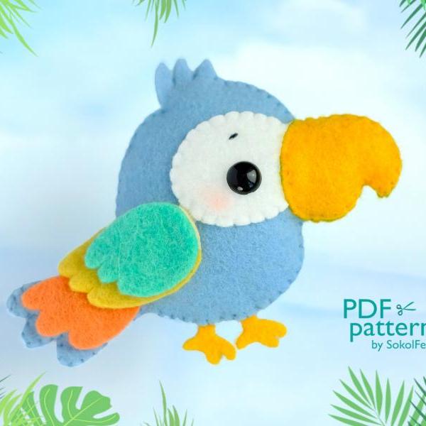 Cute parrot felt toy PDF and SVG pattern, Plush bird toy sewing tutorial, Baby crib mobile toy