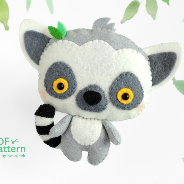 Baby Cat Lemur felt toy PDF and SVG pattern, Felt woodland animal plush toy sewing tutorial, baby crib mobile toy
