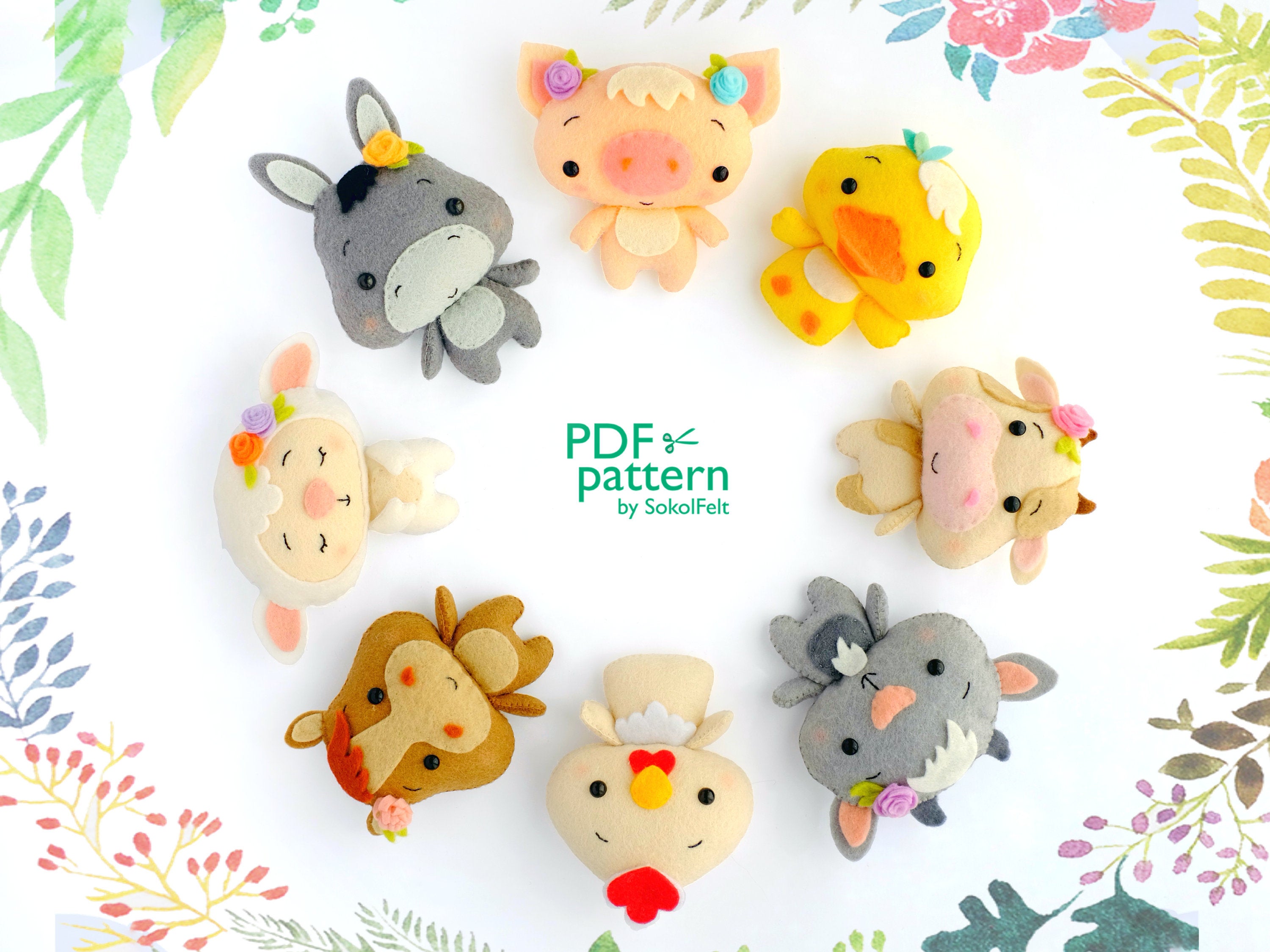 Set Of 8 Felt Farm Animal Toys Sewing PDF And SVG Patterns, Chick, Goat,  Duck, Horse, Pig, Cow, Donk on Luulla
