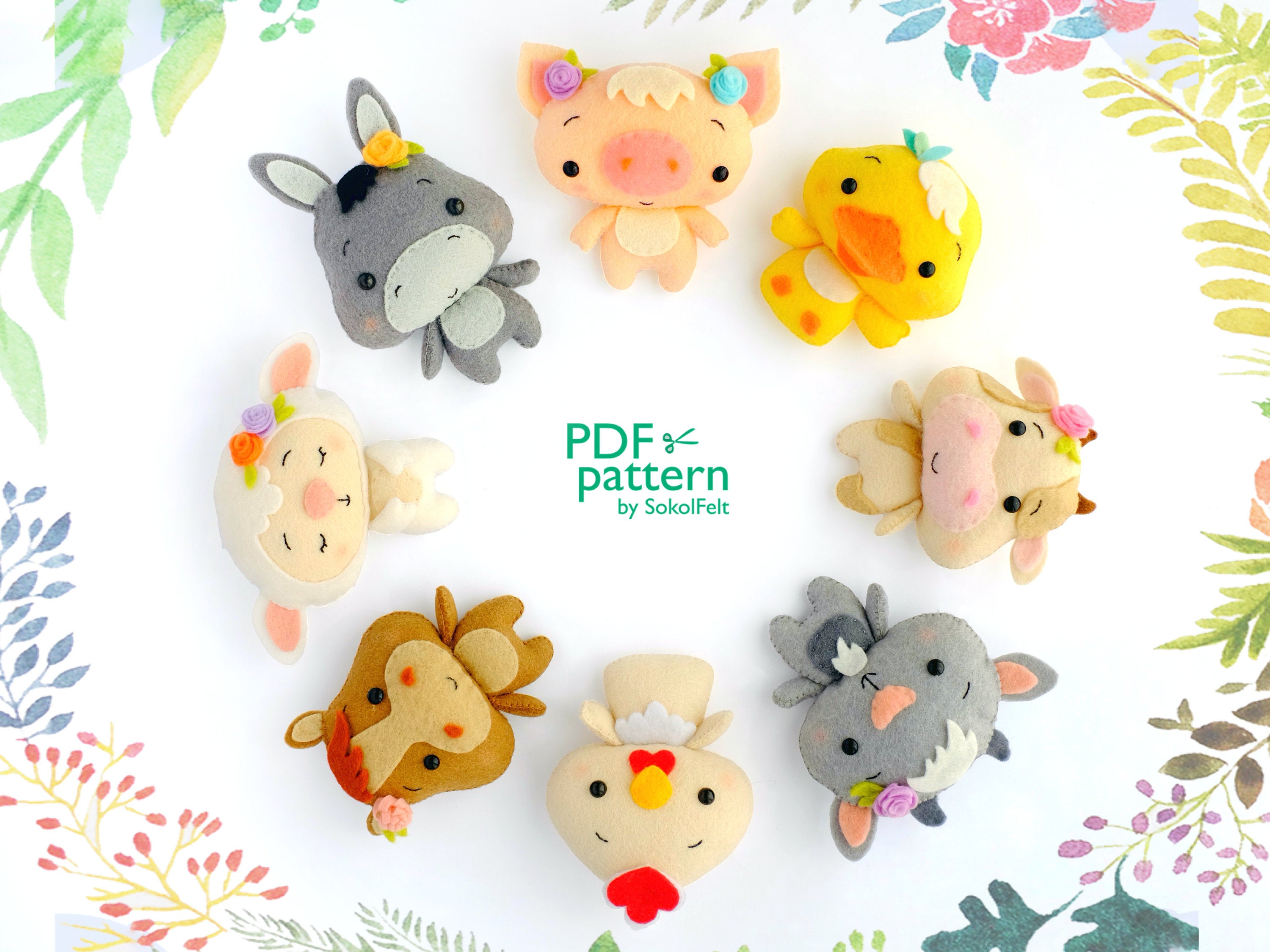 Download Set Of 8 Felt Farm Animal Toys Sewing Pdf And Svg Patterns Chick Goat Duck Horse Pig Cow Donk On Luulla