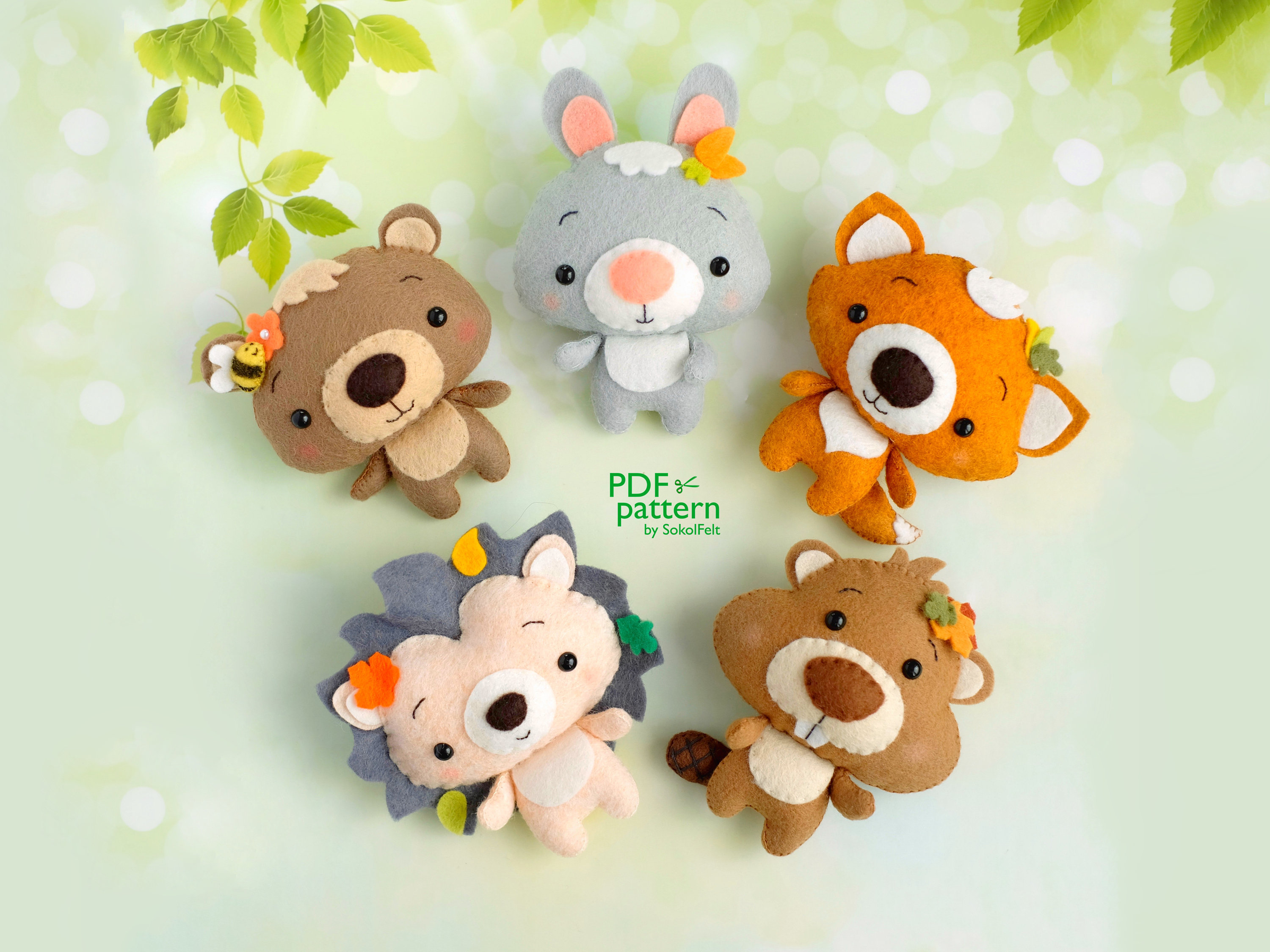 Set Of 5 Woodland Animal PDF Patterns, Felt Hedgehog, Bear, Fox, Bunny And  Beaver Plush Toys on Luulla
