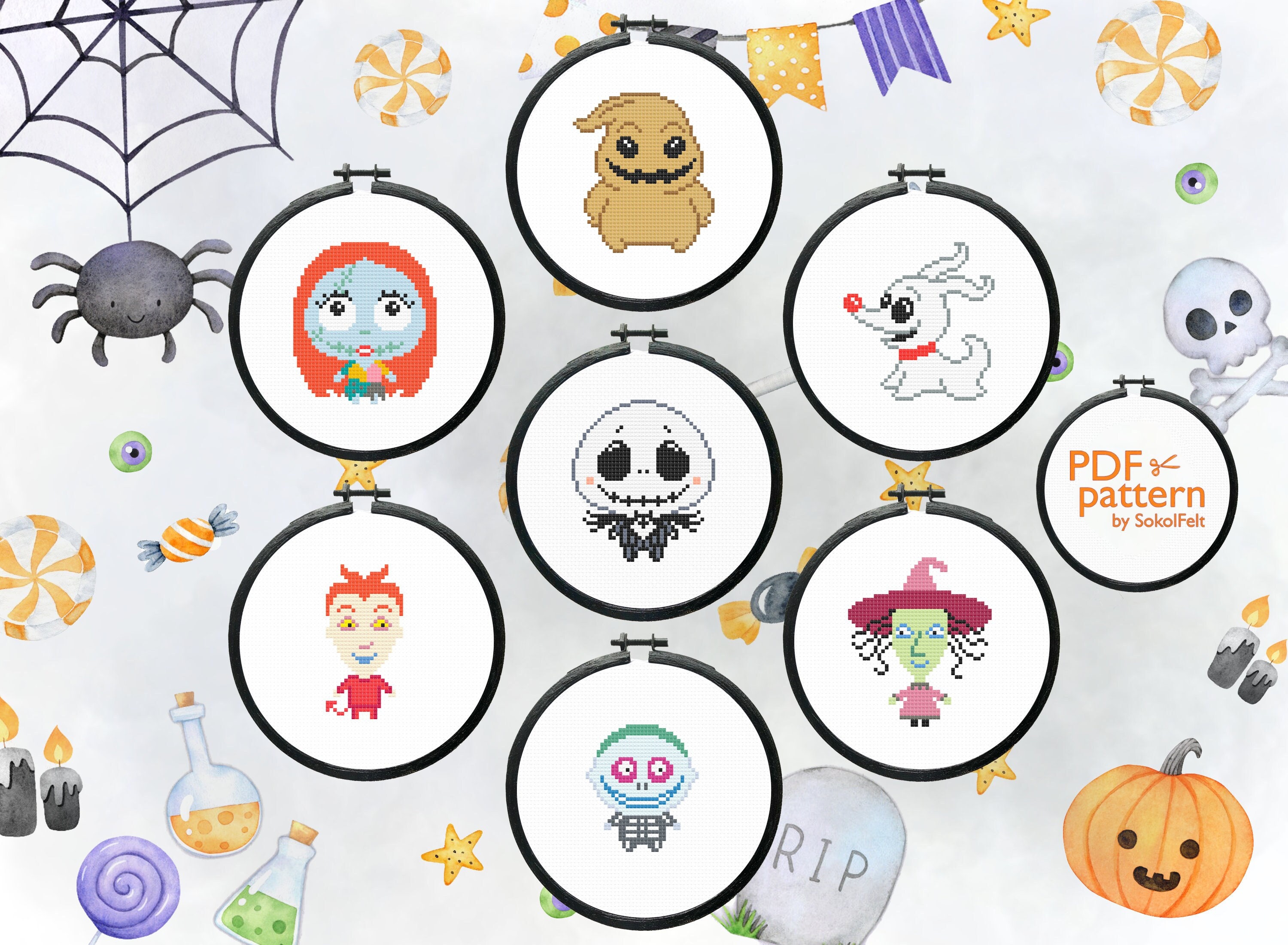 The Nightmare Before Christmas Cross Stitch Patterns, Set Of Halloween
